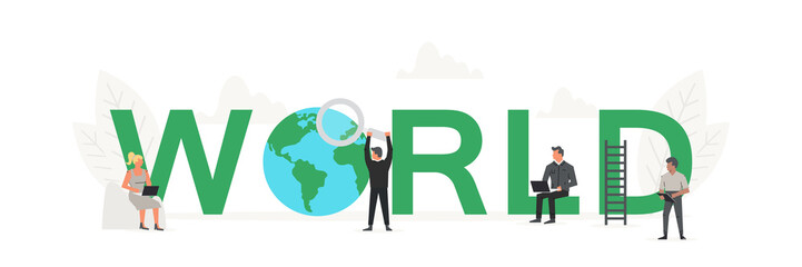 Big word World with small working people around it. Vector creative business banner for design concept. Illustration for presentations on white background