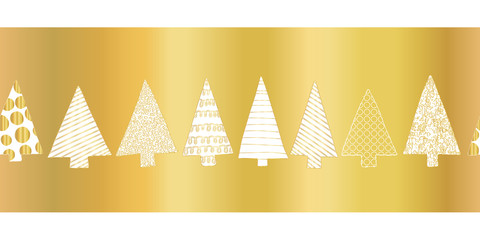 Materiał do szycia Gold foil christmas tree seamless vector pattern border. White hand drawn doodle textured Christmas trees in a row on shiny golden background. Elegant, luxurious design for Christmas, party, gift wrap