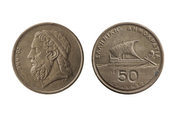 Greek 50 drachmas coin dated 1988 with a portrait image of Homer reverse ancient sailing boat cut out and isolated on a white background