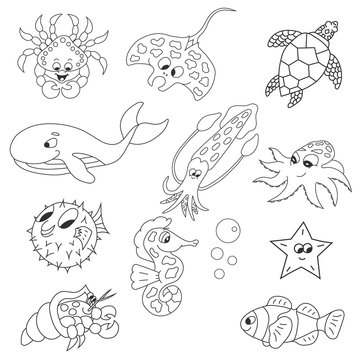 Outline sea animals. Vector. Isolated.