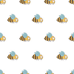 Colorful bee seamless pattern. Cute baby illustration. Background for boy and girl.