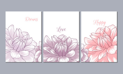 A set of 3 canvases for wall decoration in the living room, office, bedroom, kitchen, office. Home decor of the walls. Floral background with flowers of lily. Element for design.