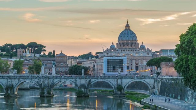 Rome Vatican Italy time lapse 4K, city skyline day to night sunset timelapse at Saint Peter Basilica