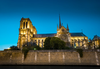 Twilight panoramic view of Notre-Dame de Paris (French for “Our Lady of Paris”) is a medieval...