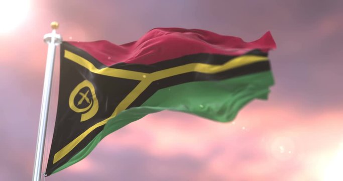 Flag of Vanuatu waving at wind in slow at sunset, loop