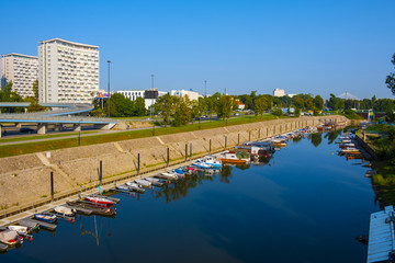 Warsaw, Mazovia, Poland - Panoramic view of Solec district and the Port Czerniakowski Wharf along the Vistula river bank