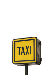 Modern yellow taxi sign on white background.
