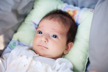 Adorable beautiful newborn baby in the baby carriage