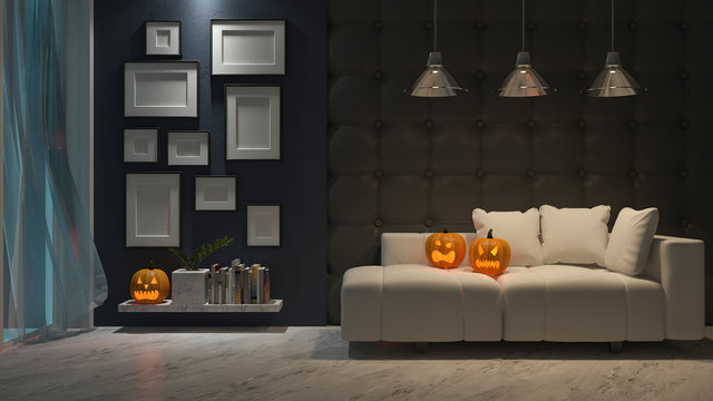 3d rendering image of interior design in halloween festival. Pumpkin head on sofa, Trick or thread.