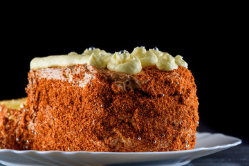 delicious home made biscuit cake on a black background