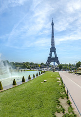 Eiffel Tower and fountain at Jardins du Trocadero in Paris, France