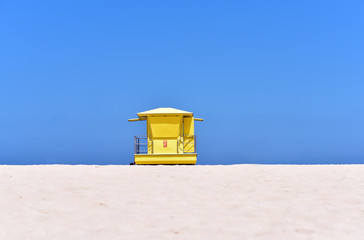 Yellow Lifeguard hut on Corralejo Beach in Fuertevantura Island, Canary Islands,  Spain