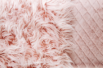 Pink fluffy fur background.  Flat lay, top view