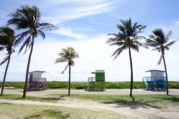 Rettungsschwimmer-Turm am Strand von Miami mit Palme und blauem Himmel