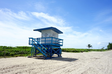 Fototapeta premium Rettungsschwimmer-Turm am Strand von Miami mit Palme und blauem Himmel