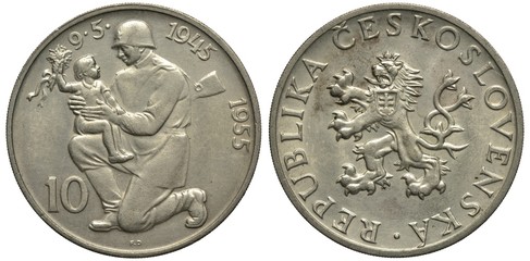 Czechoslovakia Czechoslovakian silver coin 10 ten korun 1955, subject 10th Anniversary of Victory...