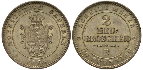 Germany German Saxony Saxon silver coin 2 two groschen / 20 twenty pfennig 1864, royal shield in circle, date below, value, 
