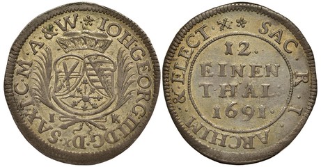Germany German Saxony Saxon silver coin 1/12 one twelfth of a thaler 1691, crowned shield flanked...