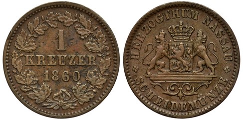 Germany German Nassau coin 1 one kreuzer 1860, value and date within circular oak wreath, arms, crowned lions support shield,  