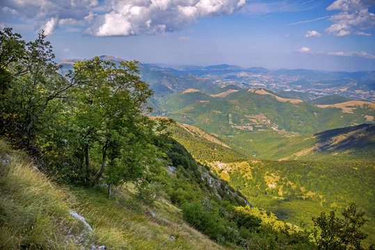 Beautiful landscapes of the mountains taken in the Apennines. Monte Cucco park at summer. Umbria, Italy.