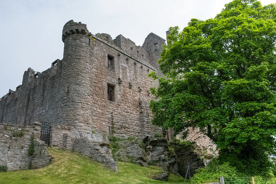 Ruins of a castle keep from outside the walls, Scotland, UK
