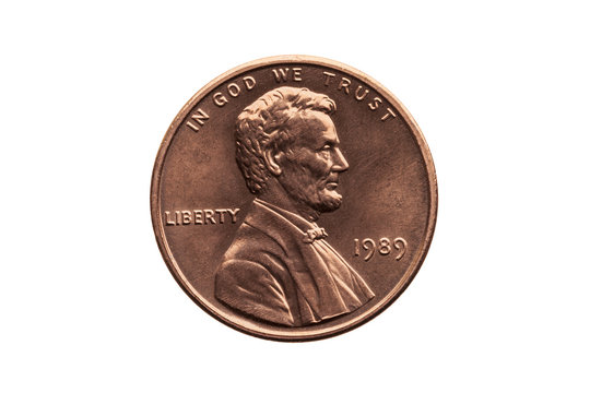 USA one cent penny coin with a portrait image of Abraham Lincoln cut out and isolated on a white background