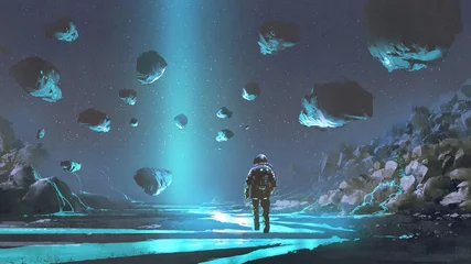 Foto auf Acrylglas Astronaut auf türkisfarbenem Planeten mit leuchtend blauen Mineralien, digitaler Kunststil, Illustrationsmalerei © grandfailure