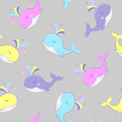 Seamless background with the image of colorful whales. Vector illustration. Pattern. Vector