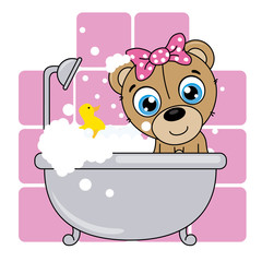 baby shower card. Cute cartoon bear in the bathroom on a pink background