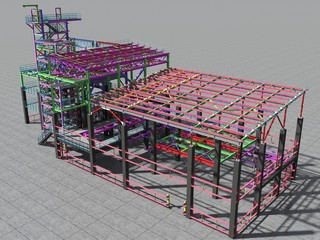 BIM model of a building made of metal construction, metal structure. 3D architectural, construction, industrial and engineering background. 3D rendering.