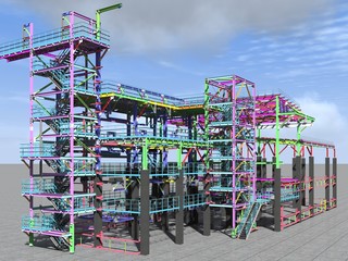 Fototapeta na wymiar BIM model of a building made of metal construction, metal structure. 3D architectural, construction, industrial and engineering background. 3D rendering.