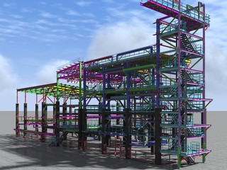 BIM model of a building made of metal construction, metal structure. 3D architectural, construction, industrial and engineering background. 3D rendering.