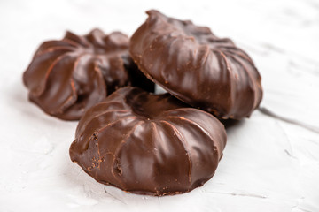 dark chocolate-coated zefir view isolated on white background food dessert