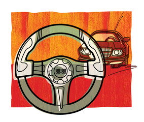 Control. A car and a close-up of a steering wheel on the background of a red textured tree.