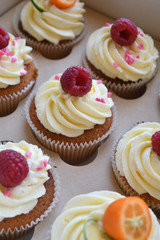 Vanilla cupcakes with fruits on top.