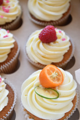 Vanilla cupcakes with fruits on top.