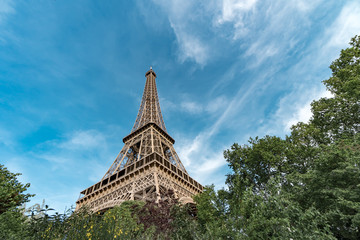 View on Eiffel Tower metal construction from bellow spring park trees in Paris, France