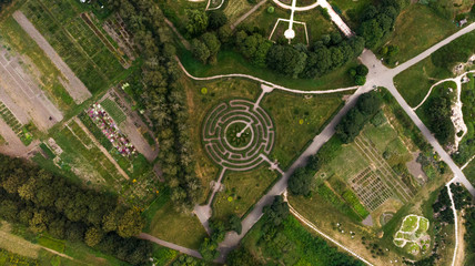 Aerial view of beautiful green labyrinth in the botanical garden named after M.M. Grishka, Kiev, Ukraine. Top view