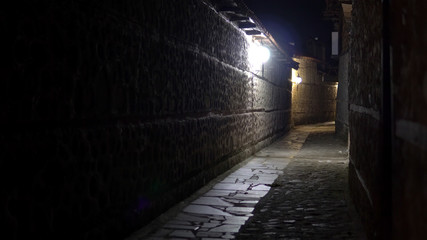 A Narrow Dark Horror Street at Night in Europe