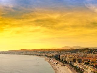 aerial view of beach in Nice France at sunset
