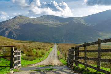 Fototapeta na wymiar Diminishing perspective of a country road through an open gate in Snowdonia, North Wales, UK