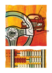 Set of two digital  illustration. A car and a close-up of a steering wheel. Fragment of arithmetic accounts, on the background of a red textured tree.