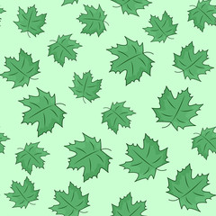 Pattern with green leaves on green background. Vector illustration of maple leaves