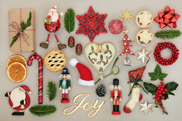 Fototapeta na wymiar Christmas Joy Sign and Decorations