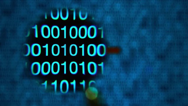 Magnifying glass moving left to right over computer screen with blue matrix style zeros and ones. Word bug written in red letters in code line. Abstract. IT and hi tech concept.