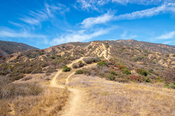 Fototapeta na wymiar Mountain bike trails in Southern California on hot summer day with sky for copy space