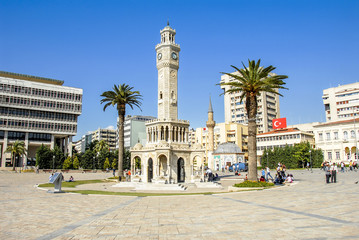 Fototapeta na wymiar Izmir, Turkey, 23 May 2008: Clock tower at Konak Square