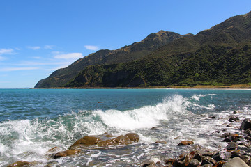 Mountain of the Back beach in New Zealand