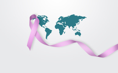 Obraz na płótnie Canvas Pink ribbon on the background of the world map. Concept of fighting against cancer, with breast cancer. World Cancer Day, awareness month. Prevention in the fight against cancer.