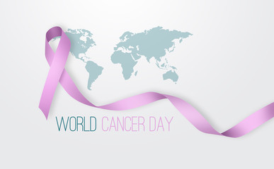 Fototapeta premium Pink ribbon on the background of the world map. Concept of fighting against cancer, with breast cancer. World Cancer Day, awareness month. Prevention in the fight against cancer.